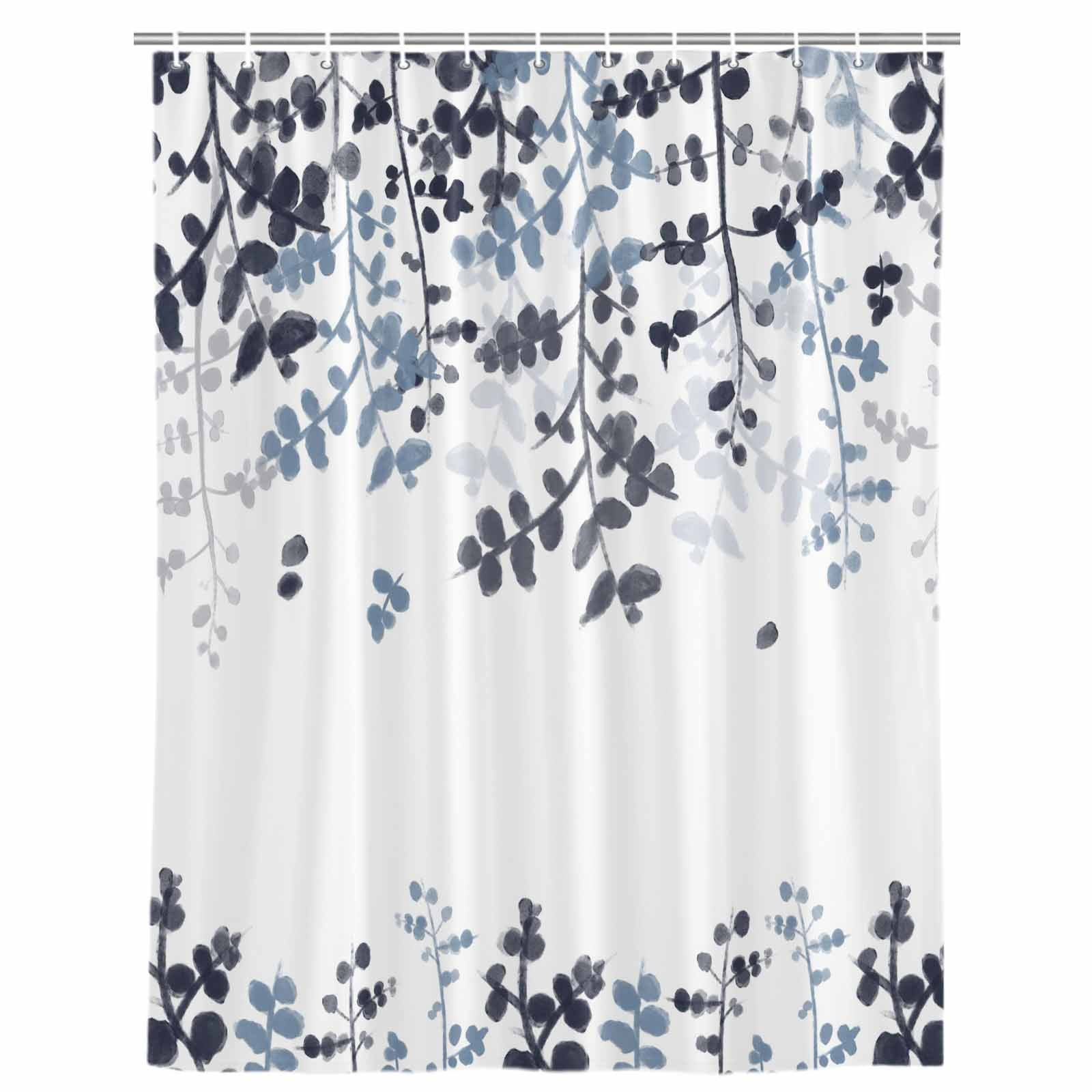 Navy Blue Leaves Shower Curtain, Waterproof Shower Curtains for Bathroom, Summer Botanical Washable Fabric Bathtub Curtain Set Bath Decor with 12 Hooks 48"x72"