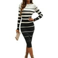 thumbnail image 3 of Female Fashion Striped Dress Long Sleeve Crew Neck Bodycon Midi Ribbed Knit Slim Fit Sweater Dress White XL, 3 of 7