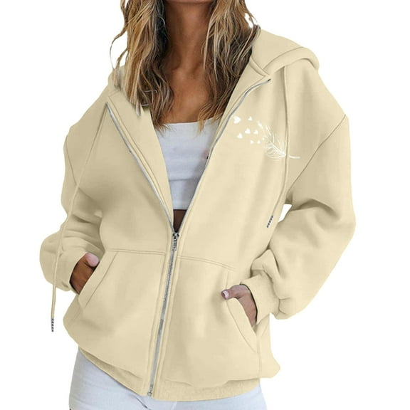 Holzkary Hoodies for Women Full Zip Up Loose Sweatshirts Jackets Women's Fashion Casual Letter Print Sweatshirt with Zipper Casual Comfy Gym Tops Fall Outfits Winter Clothes 2025 Beige L