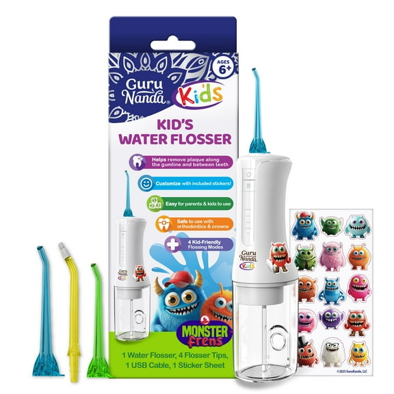 GuruNanda Kids Water Dental Flosser - 4 Flossing Modes, Smart Timer, for Ages 6 - 200ml - White