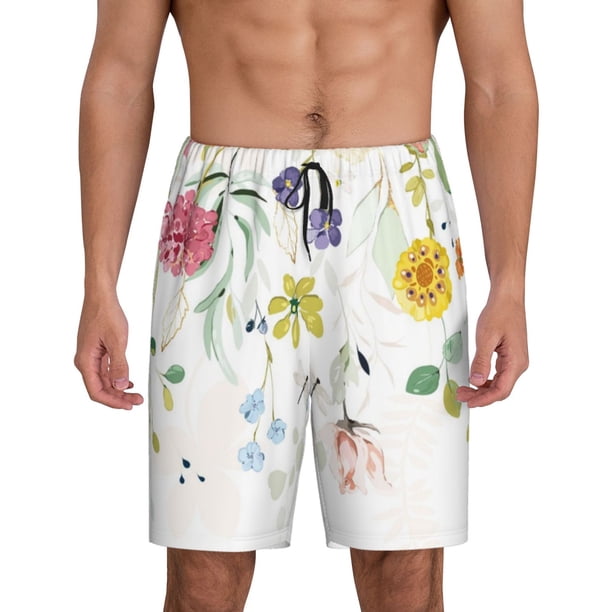 Balery Wildflowers Pantalones cortos de pijama de punto de algodón para hombre con cinturilla y bolsillos-Small