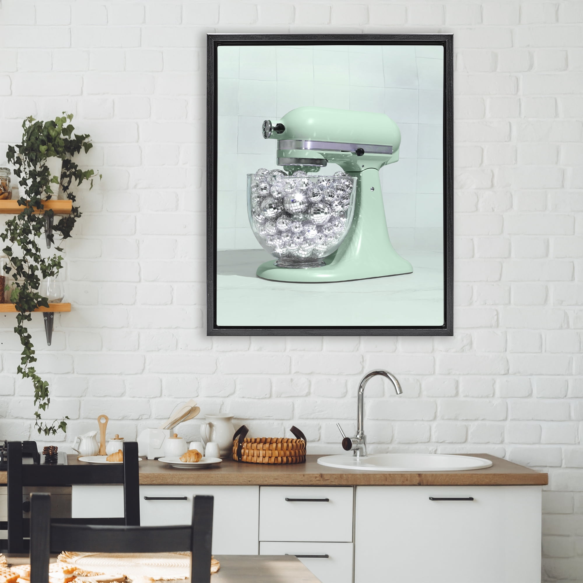 Stupell Industries Disco Kitchen Mixer over Green Black Framed Floater Canvas Wall Art, design by LISH Creative