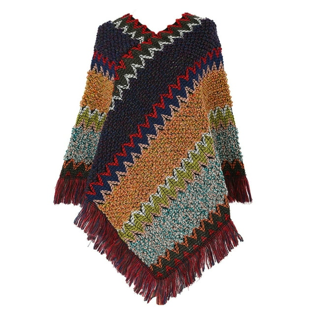 Poncho Coloré Imprimé National pour Femmes avec Franges Châle Tricoté Foulard Frangée Chandail Cape pour Femmes Foulard Ourlet à Franges Cape Châle Foulard