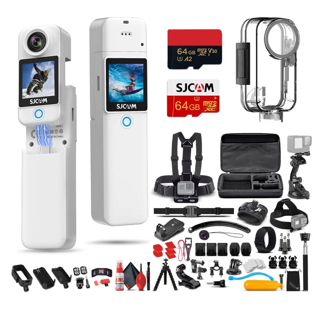 SJCAM C300 4K Dual Touchscreen Action Camera | Ultra HD Compact Vlogging Cam with Front and Rear Screens | Waterproof Mini Camera (C300W) Bundle Including: 50-IN-1 Action Kit, 64GB Memory Card, More