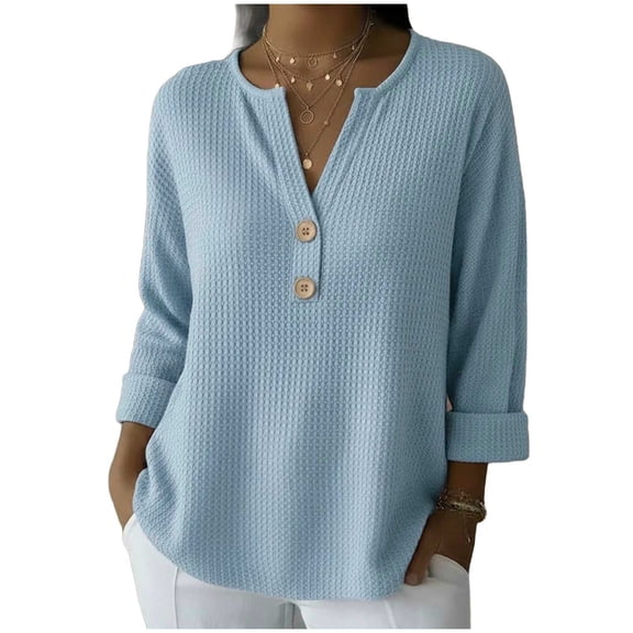 XPMWRP Waffle Knit Tops for Women Button Down V Neck Henley Shirts Spring Fashion Roll Long Sleeve Shirts Dressy Casual Tunics Light Blue XXL