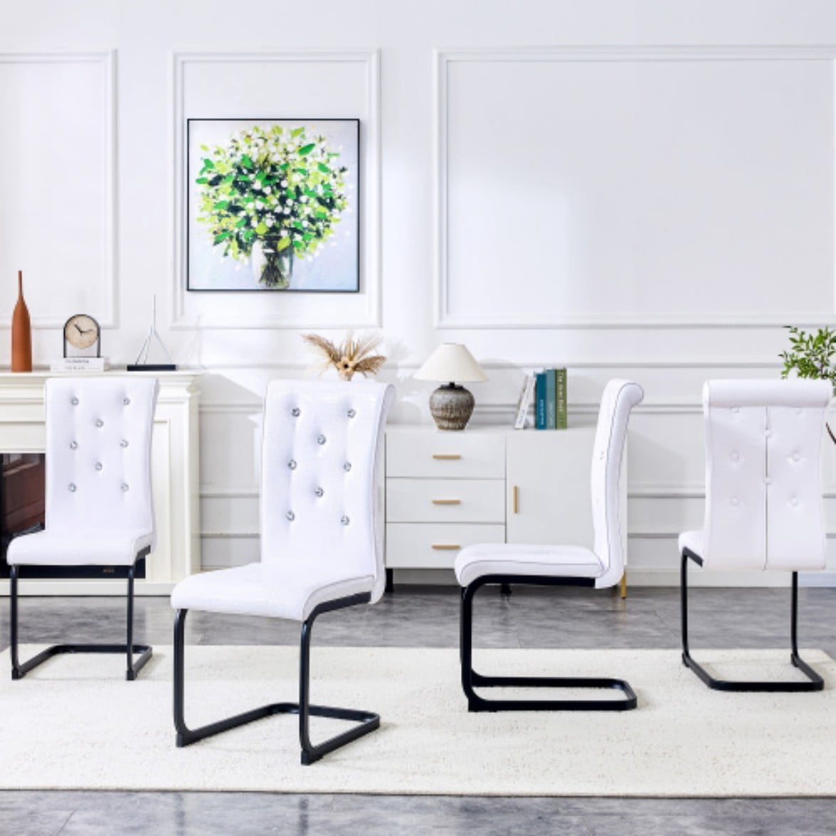 Set of 4 Retro Dining Chairs, Faux Alligator Leather Upholstered Chairs with Crystal Button Details & Black Metal Bow Legs, 400 LBS, White & Black
