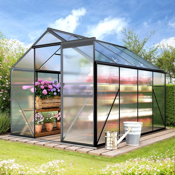 Lofka 8x6 FT Outdoor Greenhouse, Polycarbonate Greenhouse with Adjustable Roof Vents and Sliding Barn Door, Walk-in Greenhouse with Aluminum for Backyard Gardening