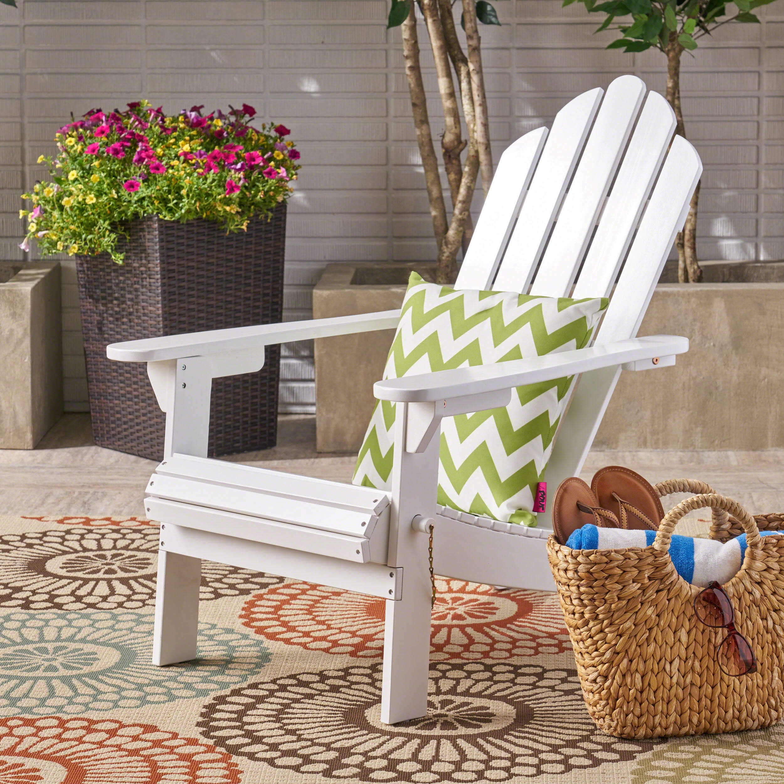 White Wood Foldable Adirondack Chair - 29.00 in Length, 35.50 in Width for Patio, Poolside, or Garden Seating