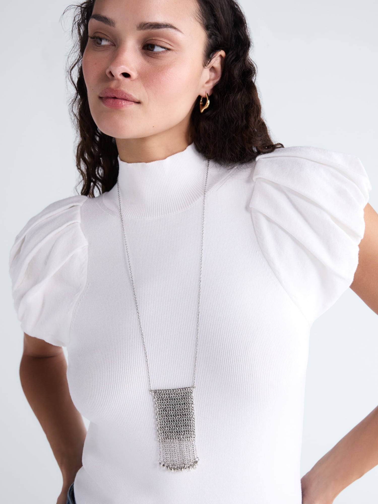 Scoop Chainmail Long Necklace, Silver-Tone