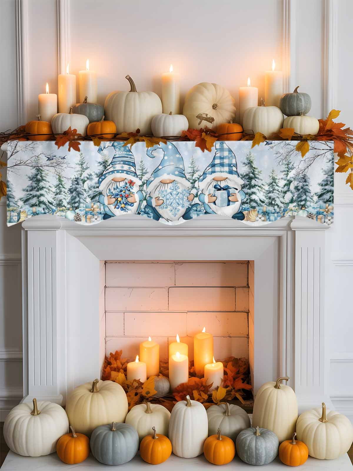 Christmas Blue Dwarf Fireplace Mantle Scarf Winter Snowing Pine Tree Branches Xmas Mantel Cover Runner Fireplace Cloth for Holiday Party Home Living Room Decor 70 x 17 Inch