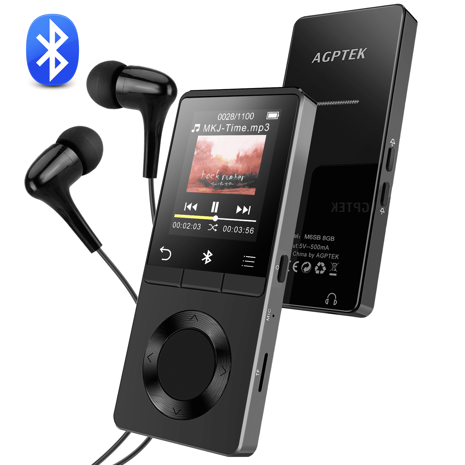 Black AGPTEK MP3 Player with Bluetooth 8 GB Support up to 128GB Lossless Sound Metal Music Player with Touch Screen