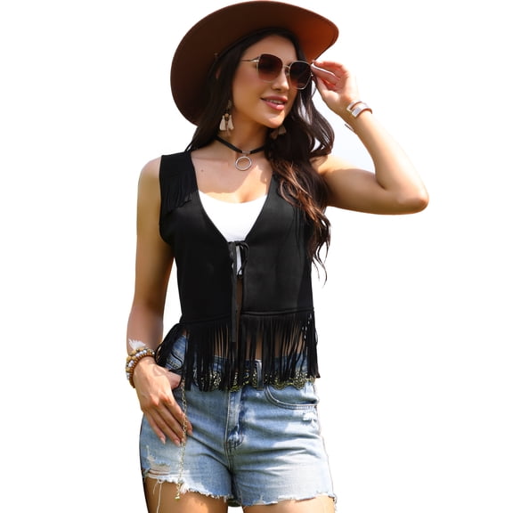 DARING DIVA Women's Fringe Cowgirl Sleeveless Faux Suede Tassel Vest XS Black