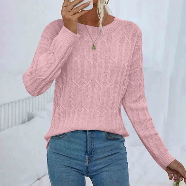 Suéter de cuello redondo para mujer, suéter de punto de color liso con cuello redondo y manga larga, tops para mujer