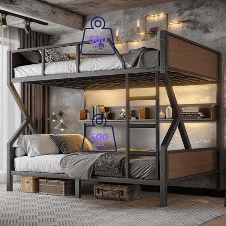 Queen over Queen Bunk Bed, Metal Bunk Bed with Storage Shelves & LED Lights, Space-Saving Sturdy Design for Shared Bedroom, Guest Room, Adults, Black
