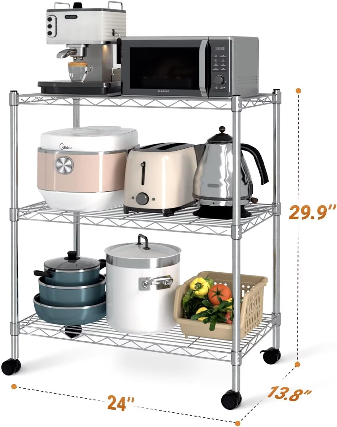 QUIOCOZY Heavy Duty 3-Tier Wire Shelving with Wheels, Adjustable Steel Storage Rack, 750 Lb Capacity, Chrome, 24" x 14" x 30"