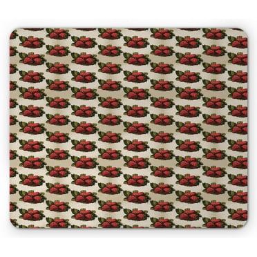 Strawberry Mouse Pad, Hand Drawn Fruits Pattern with Fresh Leaves Summer Arrangement, Rectangle Non-Slip Rubber Mousepad, Dark Coral Yellow Green, by Ambesonne