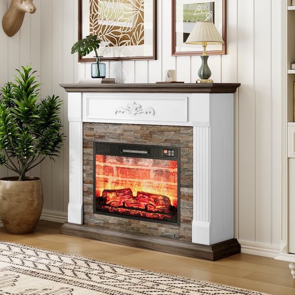 LGHM 44" Electric Fireplace Mantel, Wooden Stacked Stone Surround Free Standing Electric Fireplace Heater with Adjustable Led Flame, White