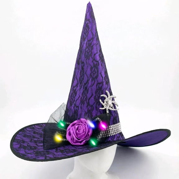 SAWOBUUN Light up Witch Hat for Women Halloween Lace Wizard Hat with LED Lights Women Adult Halloween Hats for Party