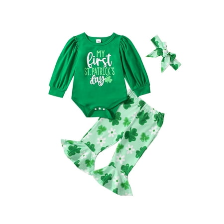 

Cathery My First St. Patrick s Day Baby Girl Outfit Green Long Sleeve Romper Four Leaf Clover Flared Pants Headband Set