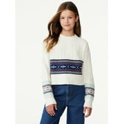 Free Assembly Girls Cropped Mixed Cable Knit Fair Isle Sweater, Sizes 4-18