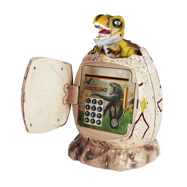 pstuiky Hucha electrónica infantil con forma de dinosaurio, tipo cajero automático, con contraseña, para monedas y billetes. Juguete ideal para niños con regalo de cumpleaños.