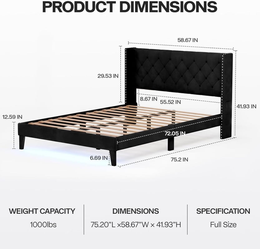 Full Bed Frame with LED Lights, Upholstered Velvet Platform Bed Frames with Button Tufted Wingback Headboard & Footboard - Wooden Slats Support, No Box Spring Needed, Black
