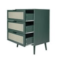 thumbnail image 3 of Modern Rattan Nightstand, 3 Drawer Storage Cabinet with Solid Wood Legs, Sofa Side Bedside Table for Bedroom, Living Room, Study , Easy to Assemble, Dark Green, 3 of 8