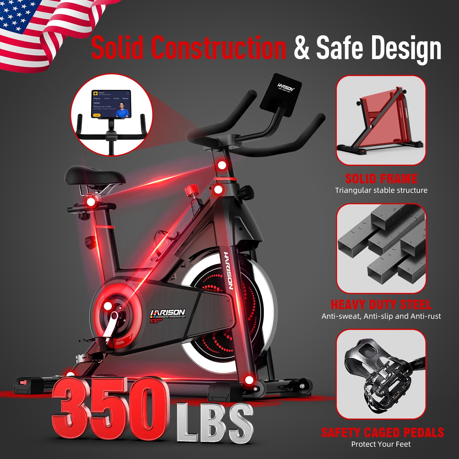 HARISON Magnetic Stationary Bike for Home, Indoor Cycling Bike with 350LBS Capacity, Brake Pad, Tablet Holder & Comfort Seat