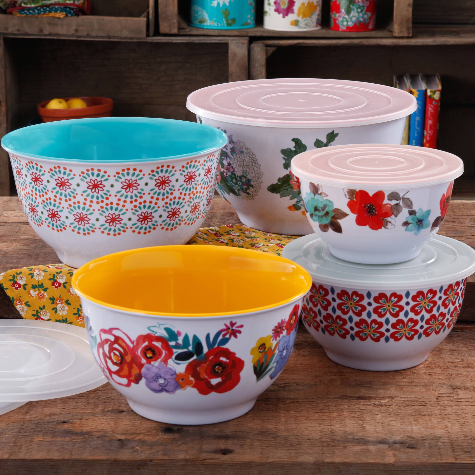 The Pioneer Woman Mixing Bowl Set with Lids, Sweet Romance, 18 Piece Set,  Melamine