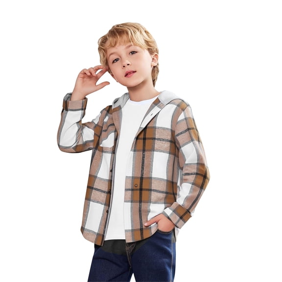 DxhmoneyHX Boys Hooded Plaid Shackets Long Sleeve Button Down Hooded Shirts Jacket with Pocket for Fall Winter 3-13 Years
