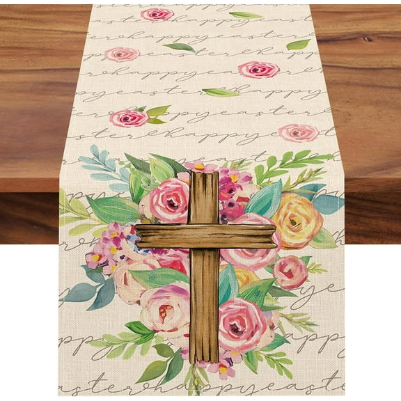 Happy Easter Religious Table Runner, Faith Cross Rose Flower Floral Kitchen Dining Table Decoration, Vintage Burlap Indoor Outdoor Home Decor Party Supply 13 x 72 Inches