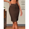 thumbnail image 4 of Brown High Waisted Denim Pencil Skirt Midi Length Stretch Cotton, 4 of 6