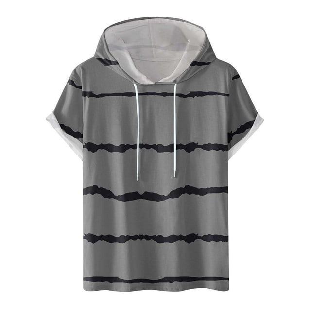 FAIWAD Men's Short Sleeve Hoodies Sweatshirt Striped Print Drawstring Athletic Lightweight Hoodies Tops
