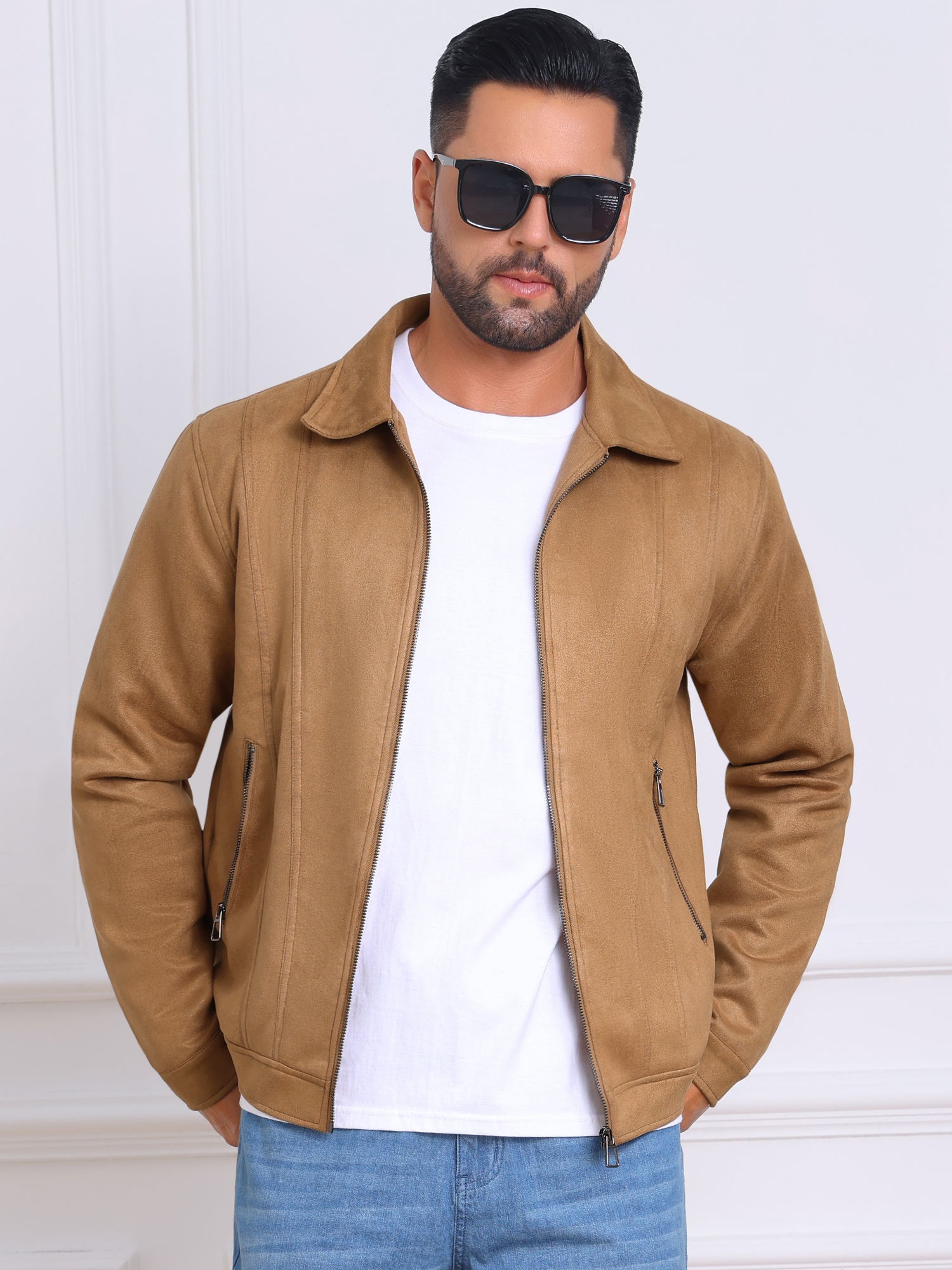 DARING DIVA Men's Collared Zipper Outdoor Wear Vintage Suede Jacket S Khaki