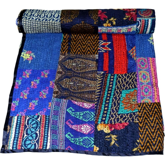 Marusthali indian patchwork quilts hand made quilt cotton bedspread kantha throw quilts silk sari blanket indian handmade cotton quilt throw blanket bedspread gudari (Blue-1, California King)