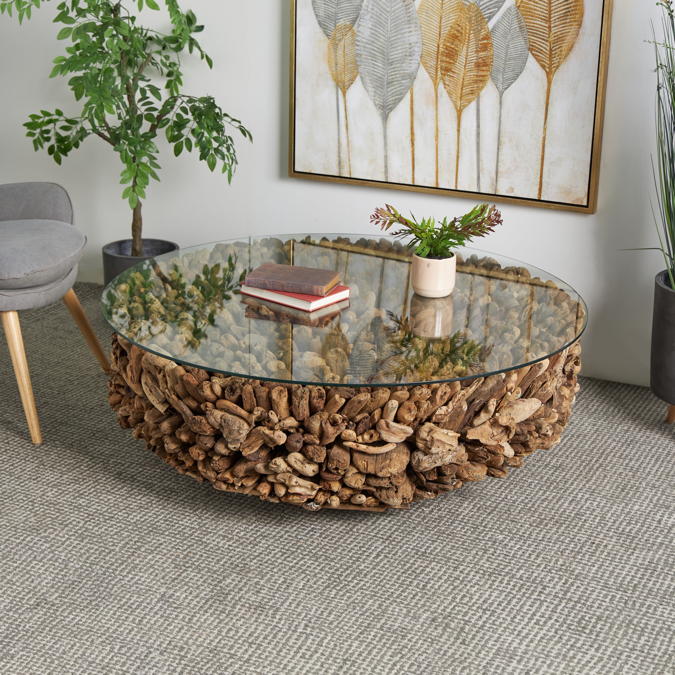 DecMode Rustic Brown Driftwood Inspired Coffee Table with Tempered Glass, 48"W x 16"H