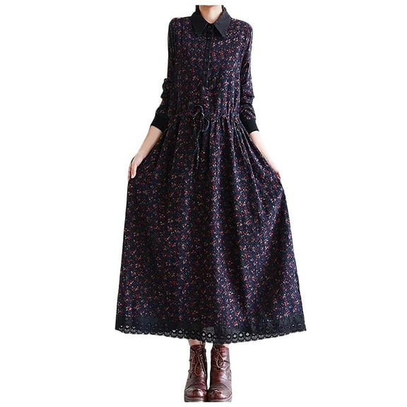 Siilsaa Flowy Dress Womens Summer Casual Dress Floral Print Ruffle Puff Sleeve High Waist Midi Navy,XL