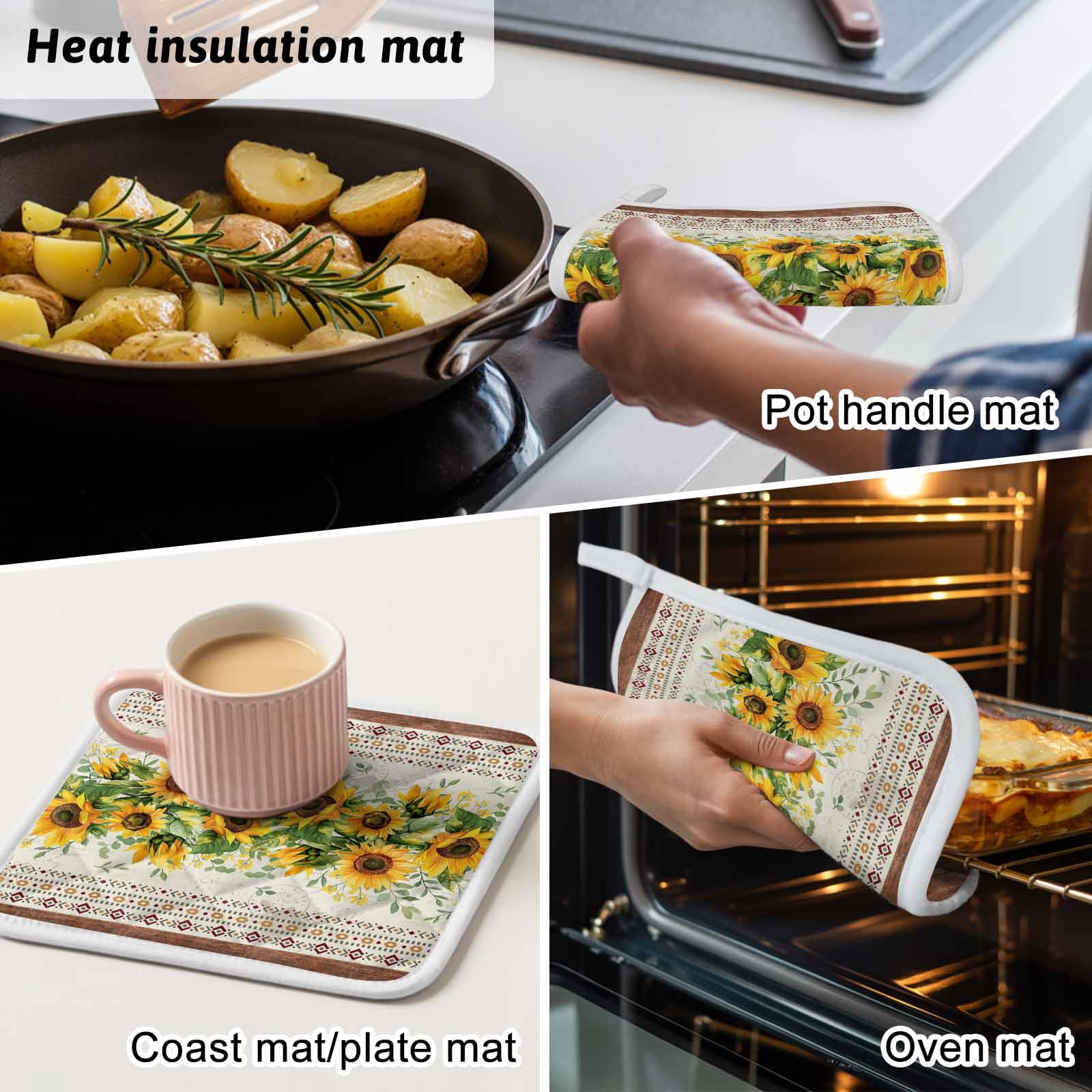 Sunflower Brown Pot Holders for Kitchen Heatproof Potholder, 4 Pack Retro Southwest Country Plant Leaf Floral Hot Pads Multipurpose Oven Pads Cloth Potholders Trivet for Cooking and Baking