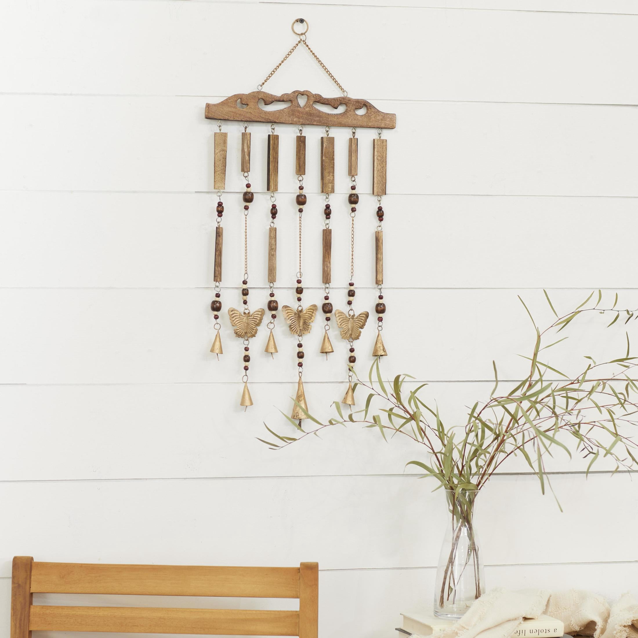 DecMode 26" Brown Wood Butterfly Windchime with Beads and Cone Bells
