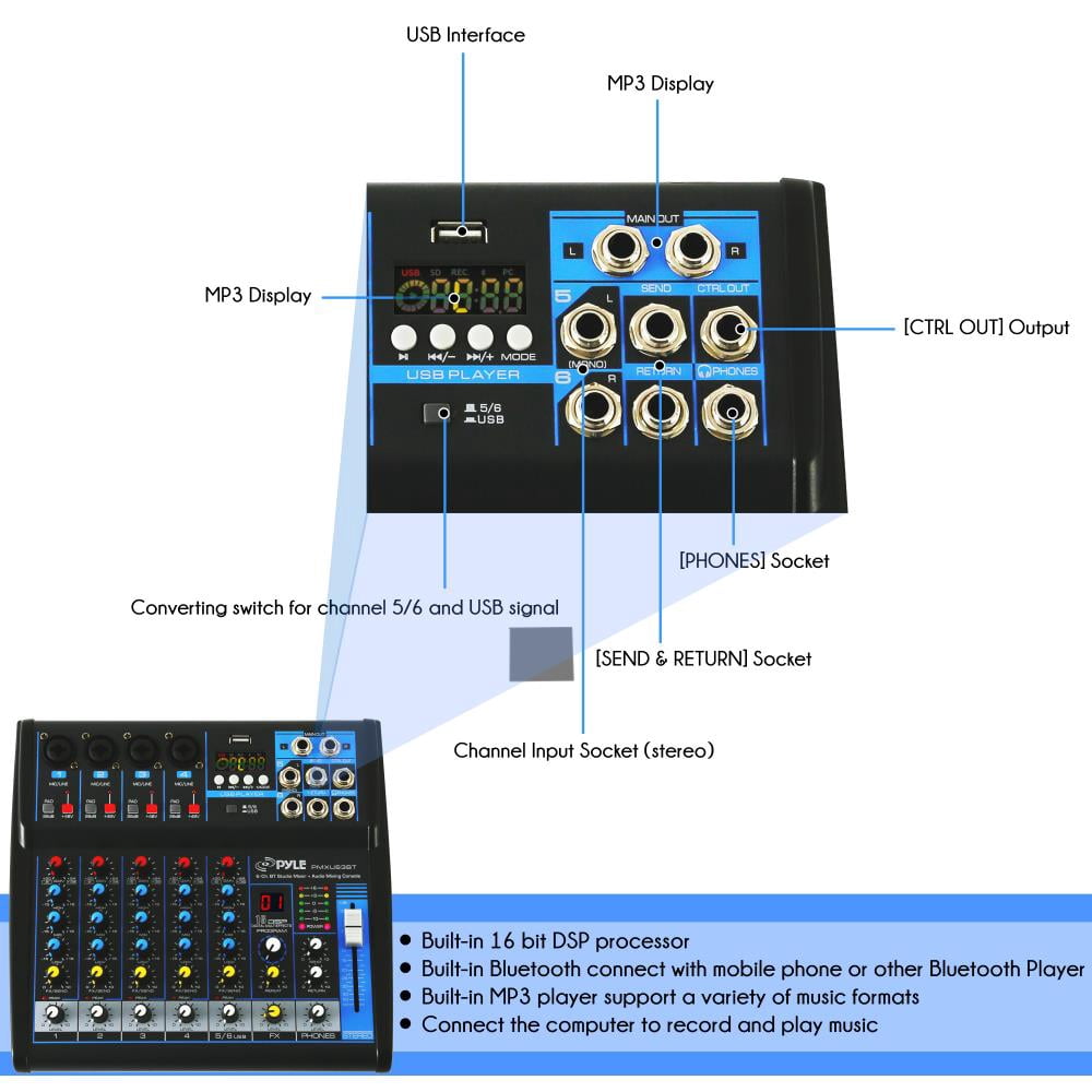 Pyle PMXU63BT - 6-Ch. Bluetooth Studio Mixer - DJ Controller Audio Mixing Console System