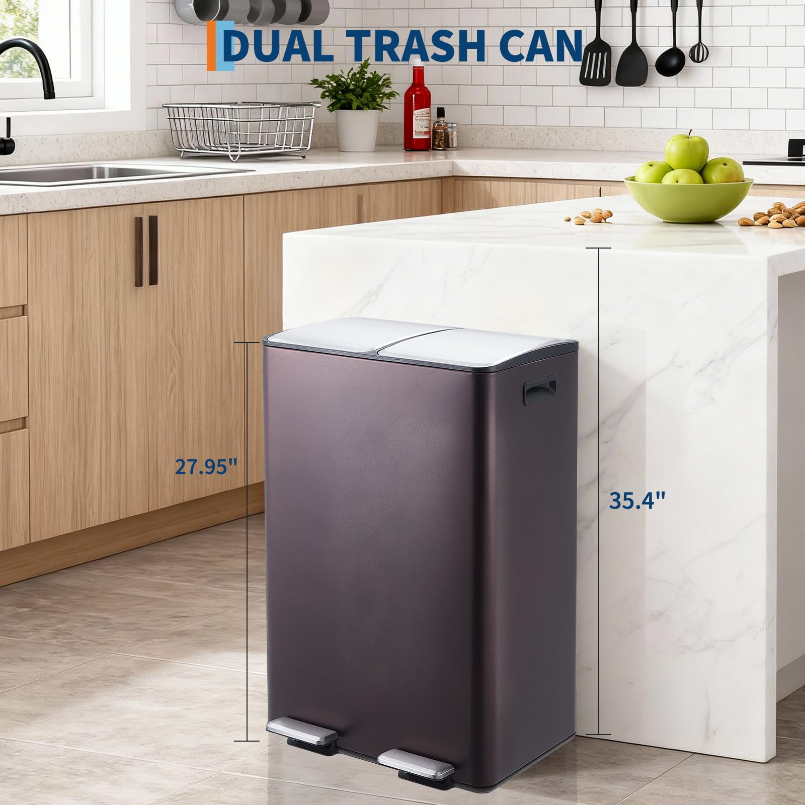 Dual Trash Can, 16 Gal (2 x 30 l) Kitchen Garbage Can with Lid and Inner Bucket, Double Compartment Trash and Recycle Bin Combo with Step Pedal