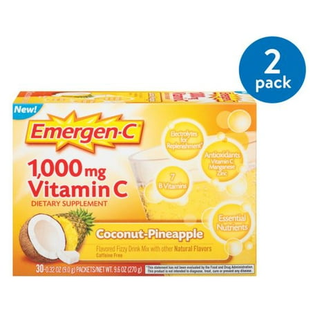 (2 Pack) Emergen-C (30 Count, Coconut Pinapple Flavor) Dietary Supplement Fizzy Drink Mix With 1000mg Vitamin C, 0.32 Ounce Packets, Caffeine