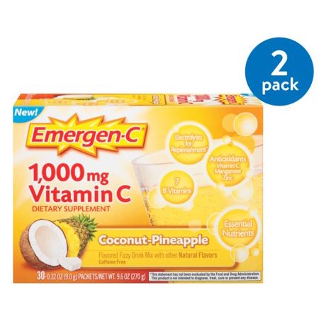 Fizzy Drink - (2 Pack) Emergen-C (30 Count, Coconut Pinapple Flavor) Dietary Supplement Fizzy Drink Mix With 1000mg Vitamin C, 0.32 Ounce Packets, Caffeine Free