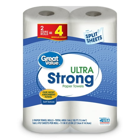 Great Value Ultra Strong Paper Towels, Split Sheet, 2 Double Rolls