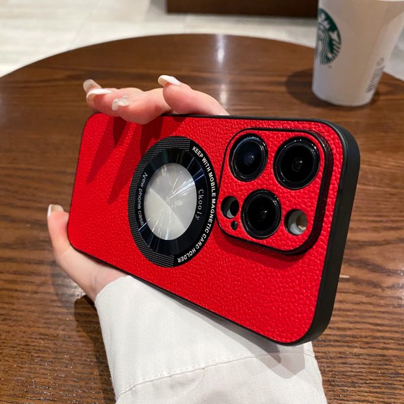 Lychee Texture PU Leather Magnetic Phone Case for iPhone 13 Pro,Compatible with MagSafe Charging,Logo Hollow View Camera Lens Protect Shockproof Anti-Fingerprint Slim Phone Case,Orange