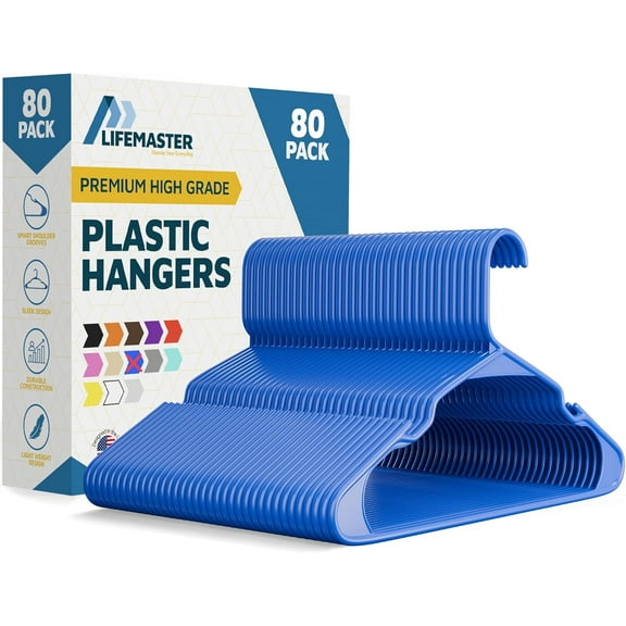 Lifemaster Plastic Clothes Hangers – Heavy Duty Hanger Set, For Organizing Clothes, Dresses, and Coat, Holds Up To 5 lbs, Space-saving Hangers with Non-Slip Shoulder Grooves, Pack of 80, Blue