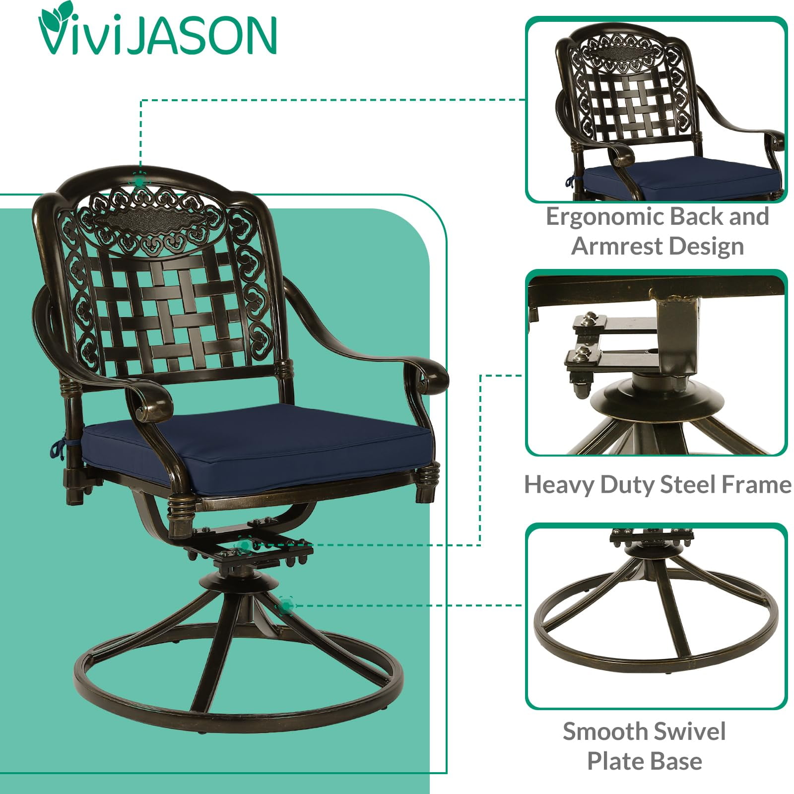 VIVIJASON 9-Piece Outdoor Patio Furniture Dining Set, All-Weather Cast Aluminum Conversation Set, Include 8 Swivel Dining Chairs and an Oval Table with Umbrella Hole, Navy Blue Cushion