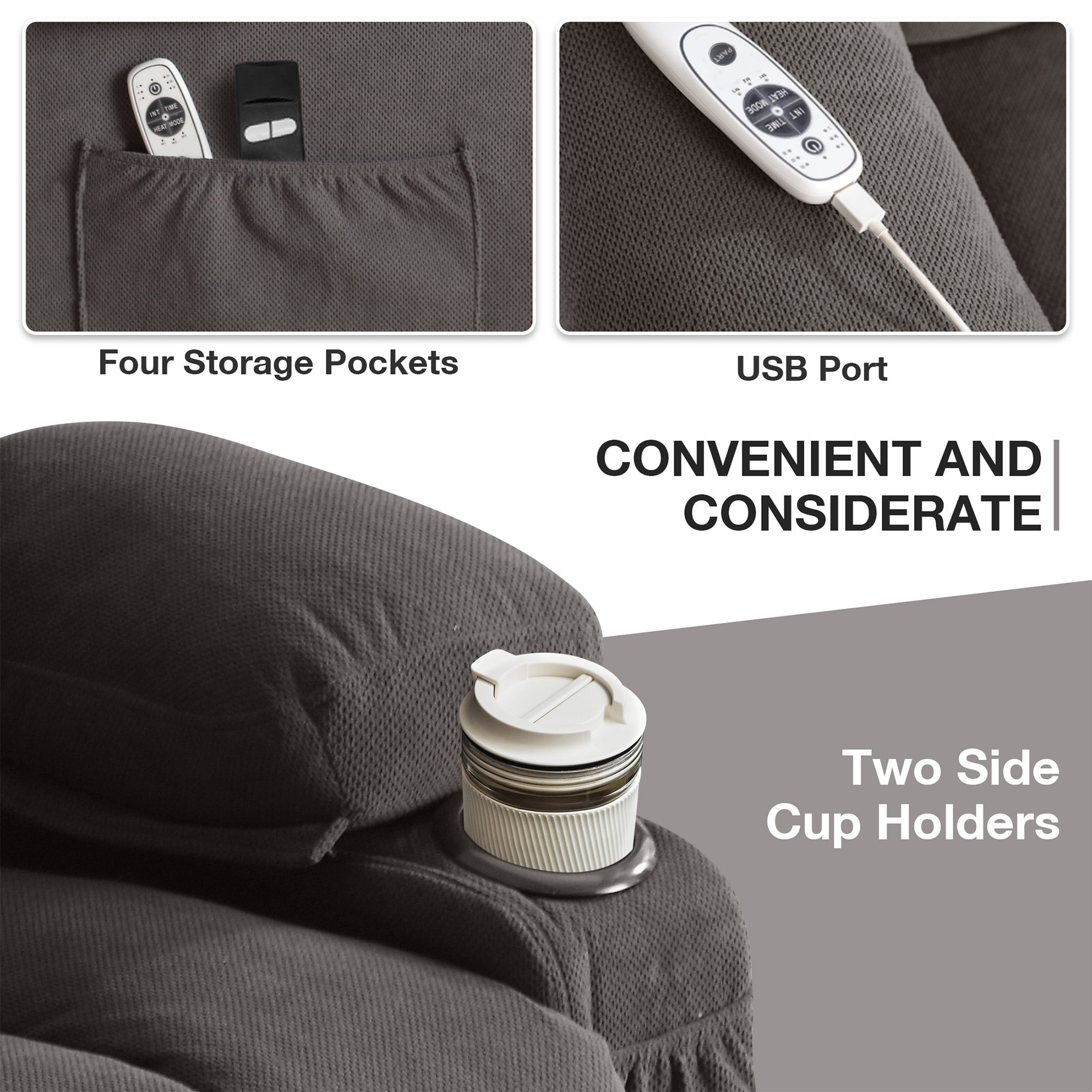 Electric Power Lift Recliner Chair with Heat, Massage, Side Pocket, USB Charge Port, Remote Control