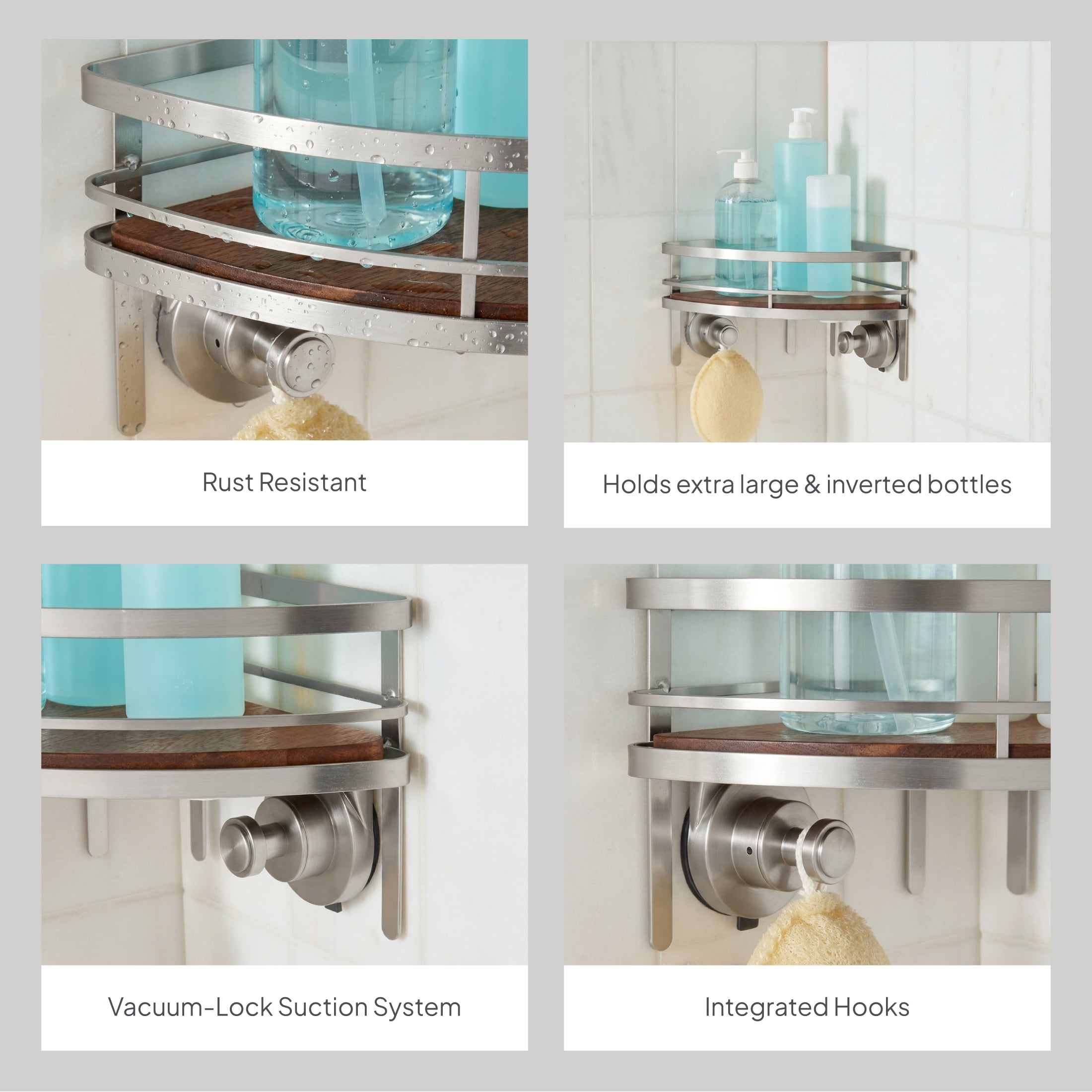 Better Homes & Gardens StyleGrip Corner Suction Mount Shower Caddy with Acacia Wood Tray, Satin Nickel