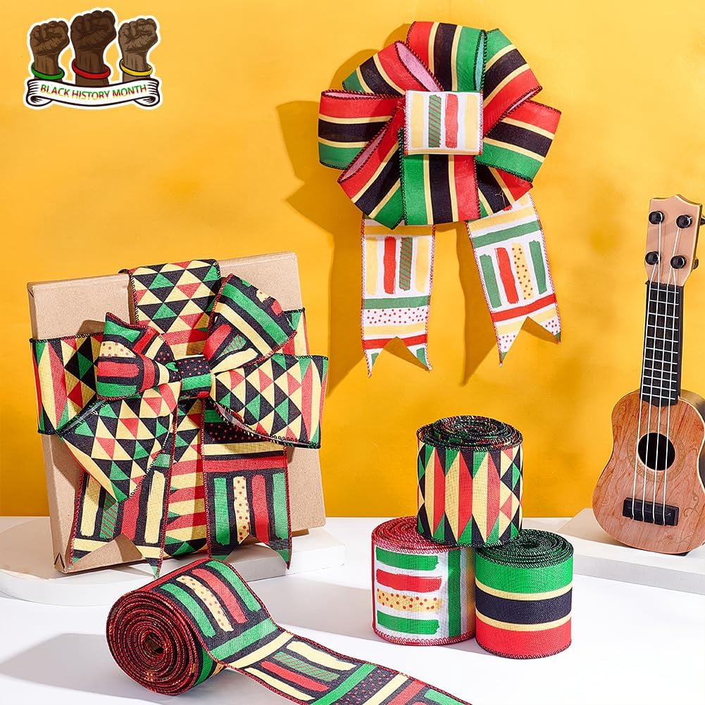 PH 20 Yards 4 Styles Kwanzaa Ribbon Black History Ribbon African American Kwanzaa Wreath Bows for Front Door Kwanzaa Party Decor Indoor Outdoor Wall Tree Topper Ornament 64mm Multi-color